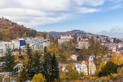 Panorama of Karlovy Vary from a hill. Czech republic