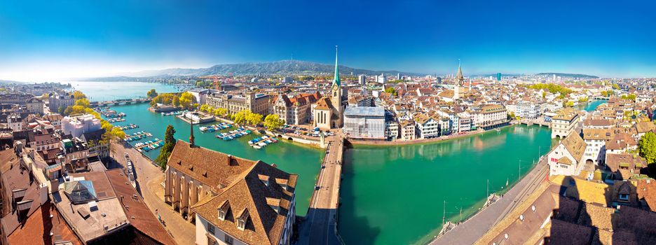 Zurich and Limmat river waterfront aerial panoramic view, largest city in Switzerland