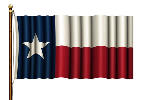 Stylized Texas flag waving from a wood and brass flag pole. 3D illustration