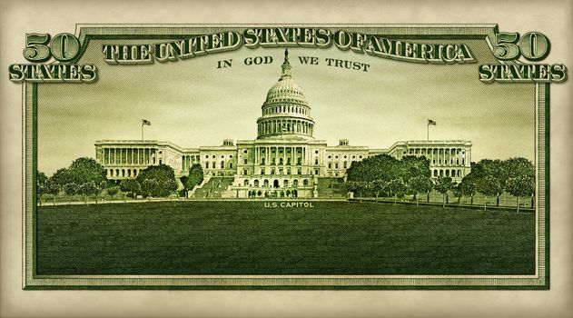 Photo illustration of the U.S. capitol building and the words 50 States, all extracted from the U.S. fifty dollar bill.