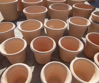 Nice newly made terracotta earthenware pots from above in Mallorca, Spain.