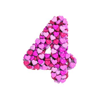 Valentine number 4 - 3d pink hearts digit isolated on white background. This alphabet is perfect for creative illustrations related but not limited to Love, passion, wedding...