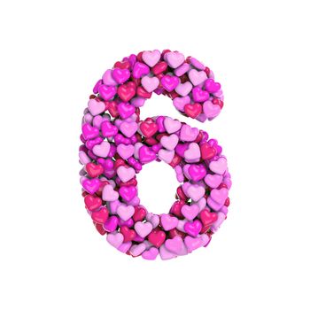 Valentine number 6 - 3d pink hearts digit isolated on white background. This alphabet is perfect for creative illustrations related but not limited to Love, passion, wedding...