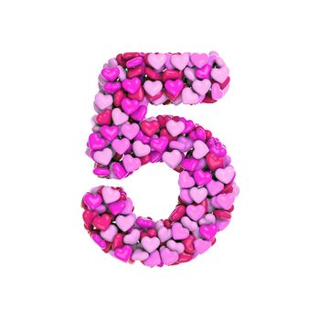 Valentine number 5 - 3d pink hearts digit isolated on white background. This alphabet is perfect for creative illustrations related but not limited to Love, passion, wedding...