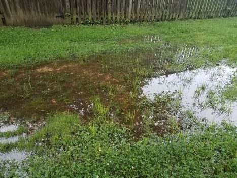 flooded yard or lawn with puddle and water and fence and grass