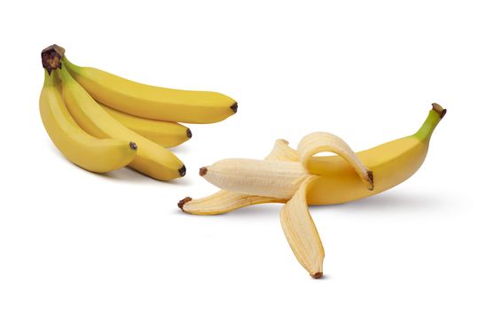 Bunch of bananas and Half peeled banana isolated on white background.