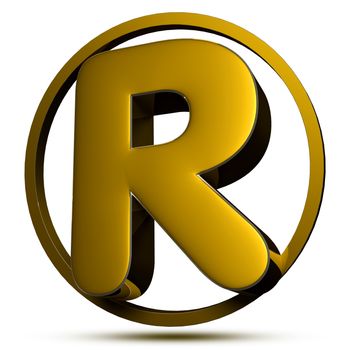 Letter R 3d gold 3D rendering on white background.(with Clipping Path).