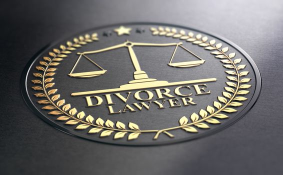 3D illustration of golden divorce lawyer sign over black paper background