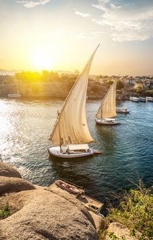 River Nile and boats at sunset in Aswan