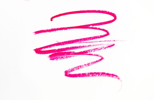 Red, pink, lilac line, stroke, splash cosmetic pencil isolated on white background, beauty and makeup concept.