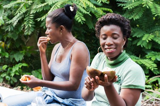 this young woman picnic with her girlfriend sitting on the ground is currently sharing a lawyer fruit.