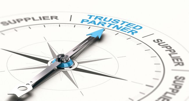 3D illustration of a compass with needdle pointing the text trusted partner. Concept of trustworthy partnership. 