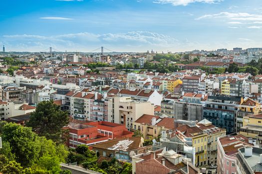 Beautiful view of Lisbon city from a rooftop location.