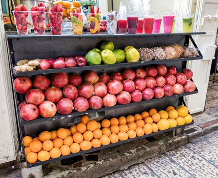 fresh fruit and smoothies in a shop on the streets of the old city of jerusalem