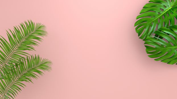 Realistic palm leaves on Coral Living background for cosmetic ad or fashion illustration. Tropical frame exotic banana palm. 3D render