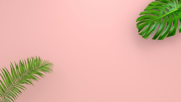 Realistic palm leaves on Coral Living background for cosmetic ad or fashion illustration. Tropical frame exotic banana palm. 3D render