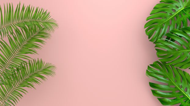 Realistic palm leaves on Coral Living background for cosmetic ad or fashion illustration. Tropical frame exotic banana palm. 3D render