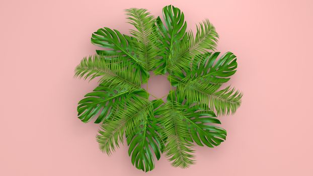 Realistic palm leaves on Coral Living background for cosmetic ad or fashion illustration. Tropical frame exotic banana palm. 3D render