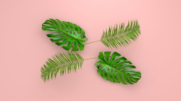 Realistic palm leaves on Coral Living background for cosmetic ad or fashion illustration. Tropical frame exotic banana palm. 3D render