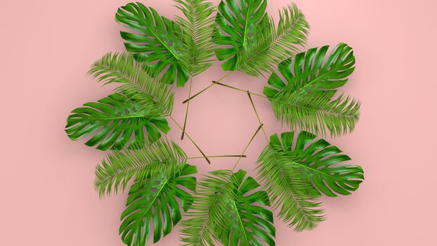 Realistic palm leaves on Coral Living background for cosmetic ad or fashion illustration. Tropical frame exotic banana palm. 3D render