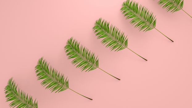 Realistic palm leaves on Coral Living background for cosmetic ad or fashion illustration. Tropical frame exotic banana palm. 3D render