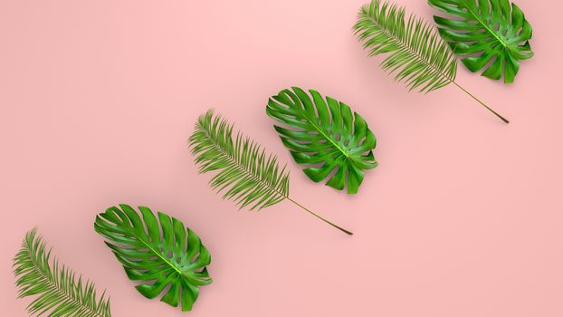 Realistic palm leaves on Coral Living background for cosmetic ad or fashion illustration. Tropical frame exotic banana palm. 3D render