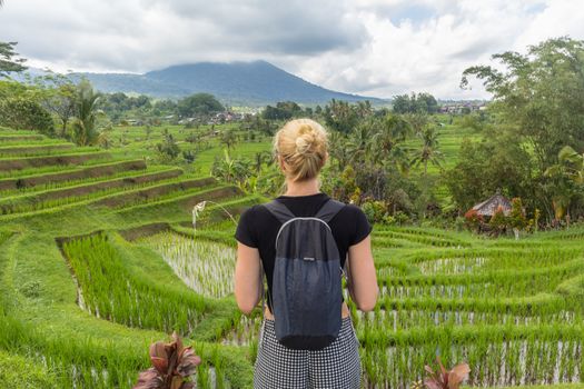 Casual caucasian female tourist wearing small backpack looking at beautiful green rice fields and terraces of Jatiluwih on Bali island, Indonesia.
