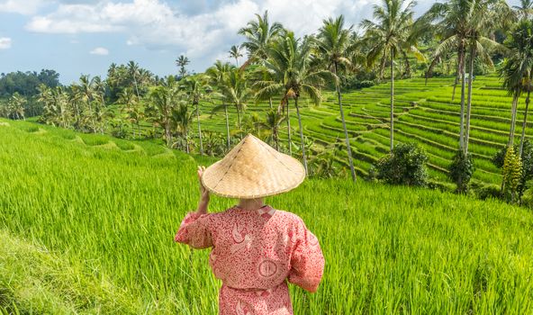 Relaxed fashionable caucasian woman wearing red asian style kimono and traditional asian paddy hat looking at beautiful green rice fields and terraces on Bali island.