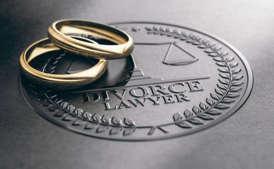 3D illustration of two used golden rings over a divorce lawyer sign unbossed on a black paper.