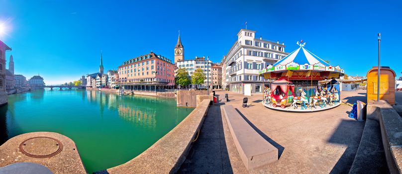 Zurich and Limmat river waterfront colorful panorama, largest city in Switzerland