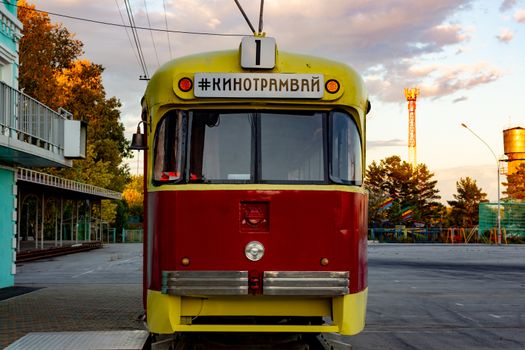 Old tram, from which made a place to watch movies in the open air