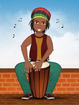 illustration of Afro man plays percussion drums