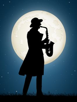 illustration of man plays the saxophone in the moonlight
