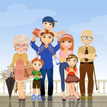 illustration of the family with parents, children and grandparents