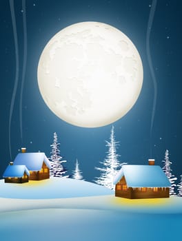 illustration of winter landscape in the moonlight