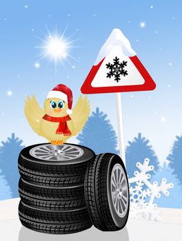 illustration of bird on snow tires in winter