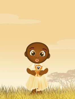 illustration of black child with teddy bear