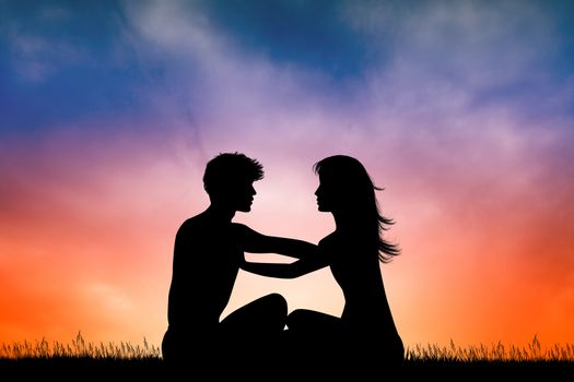 illustration of couple in meditation at sunset