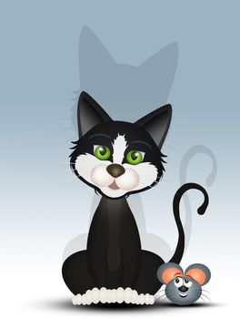 illustration of black cat and mouse