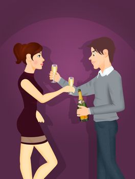 illustration of couple uncork bottle for toast