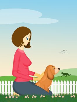 illustration of girl cuddles the dog in the meadow