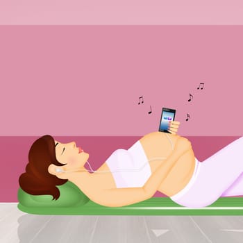 illustration of pregnant woman listens to music