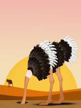 illustration of ostrich with his head in the sand in the desert