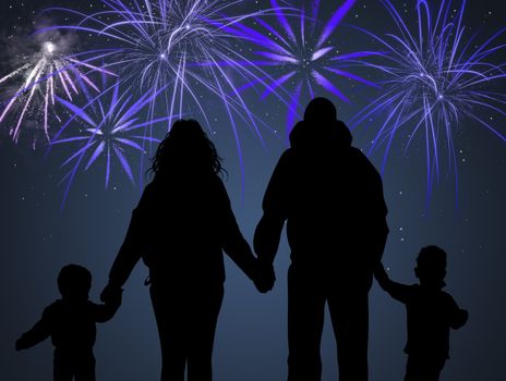 illustration of family looking fireworks pyrotechnic for the New Year