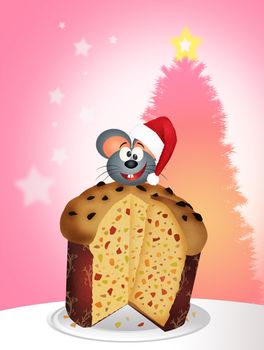 illustration of mouse on panettone at Christmas