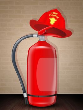 illustration of fire extinguisher and fireman's helmet