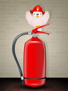 illustration of fireman bird on the fire extinguisher