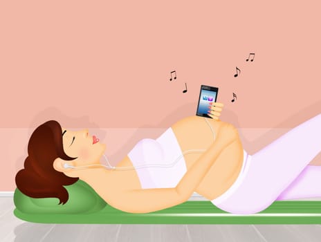 illustration of pregnant woman listens to music