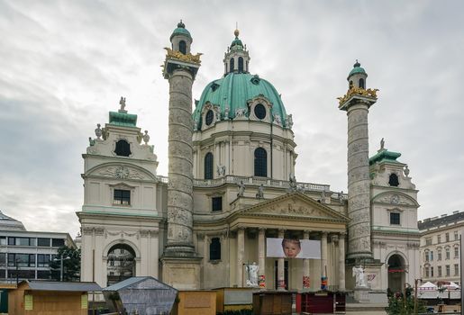 Karlskirche  (St. Charles Church) has garnered fame due to its dome and its two flanking columns of bas-reliefs, Vienna