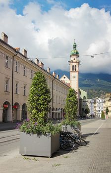 Street in Innsbruck with Servitenkirche church, Austria